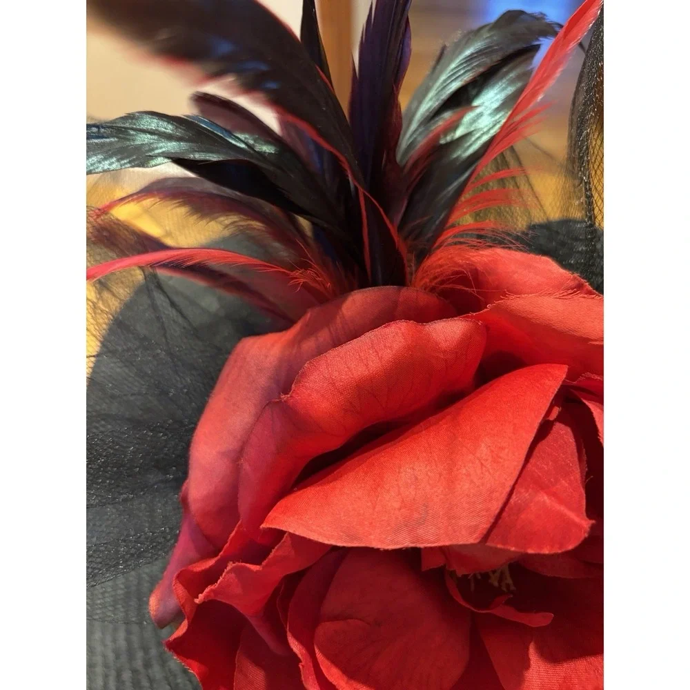 Ralph Lauren Black straw hat with feathers and Red flowers English Wedding